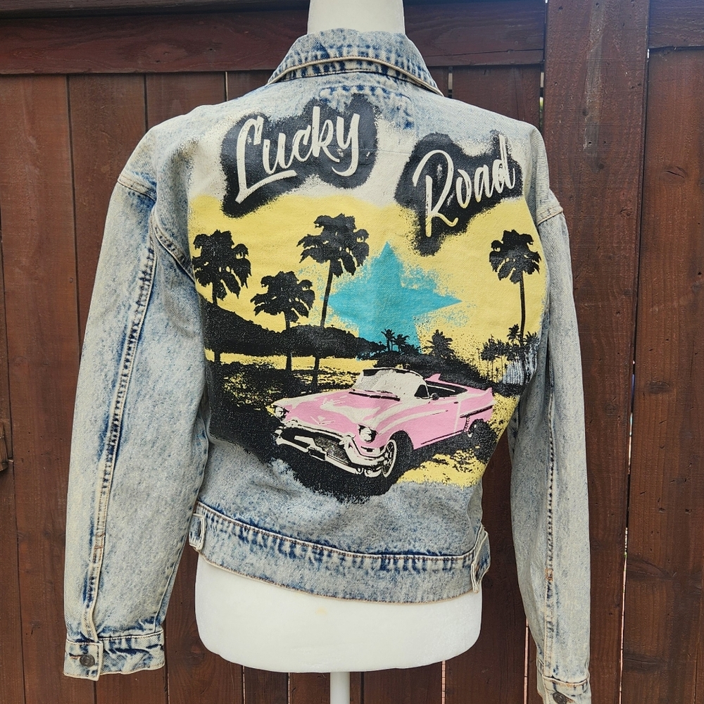 Lucky Road Vintage Denim Jacket with Painted Graphic Design NWT